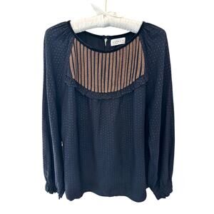 VELVET by GRAHAM & SPENCER | Navy Dot Blouse Smocked Yoke Top | Medium